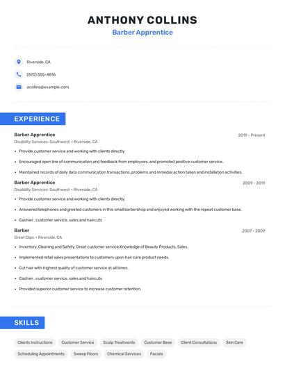 Barber Apprentice Resume