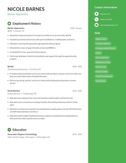 Barber Apprentice Resume