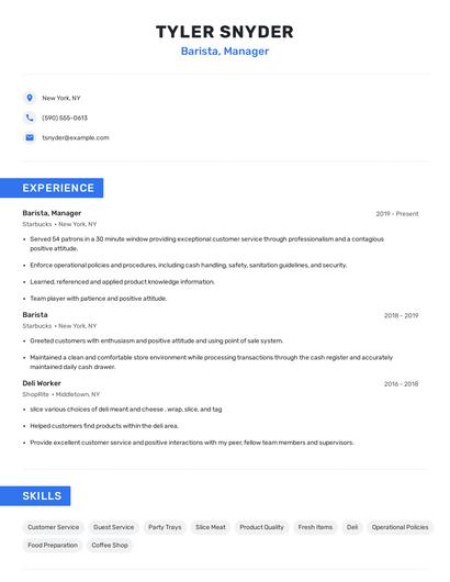 Barista, Manager Resume