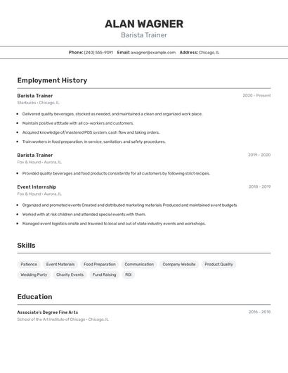 Barista Trainer Resume