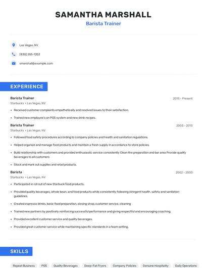 Barista Trainer Resume