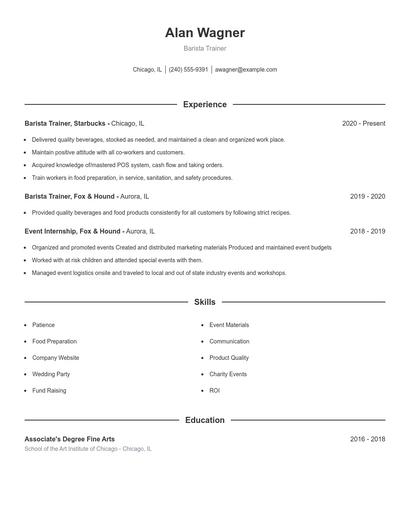 Barista Trainer Resume