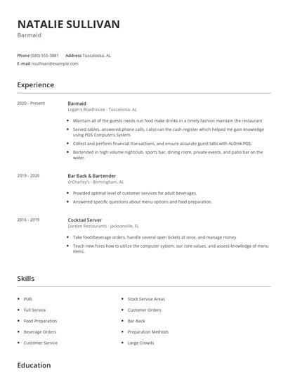Barmaid Resume