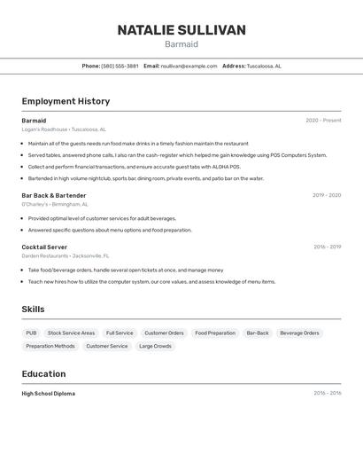 Barmaid Resume