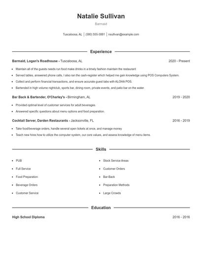 Barmaid Resume