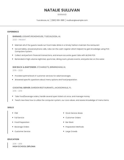 Barmaid Resume