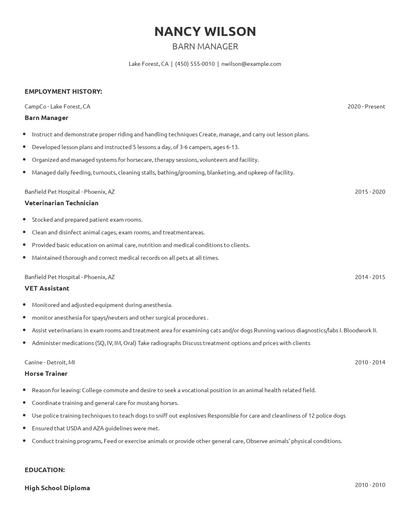 Barn Manager Resume
