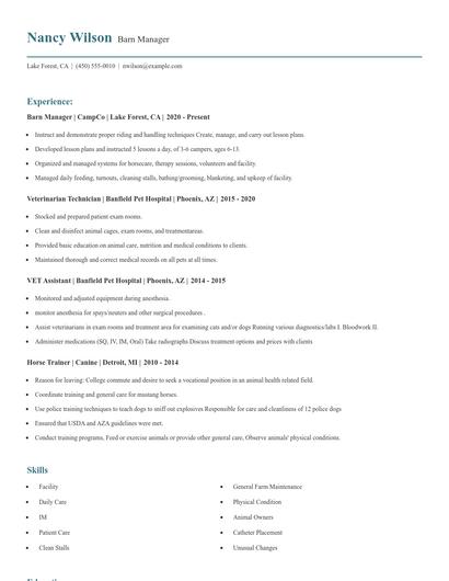 Barn Manager Resume