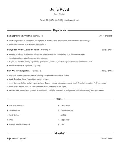 Barn Worker Resume