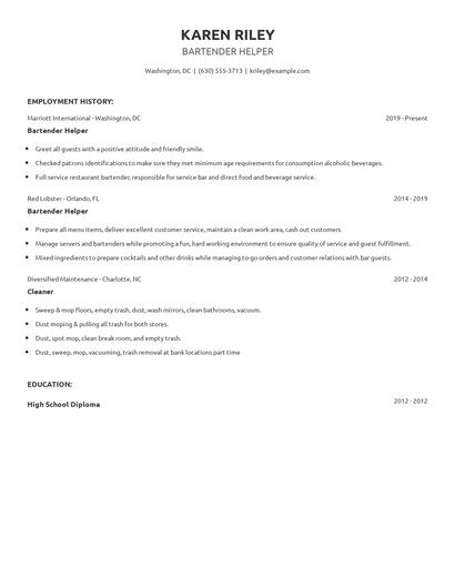 Bartender Helper Resume