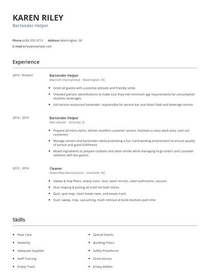Bartender Helper Resume