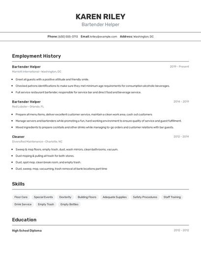 Bartender Helper Resume