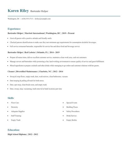 Bartender Helper Resume