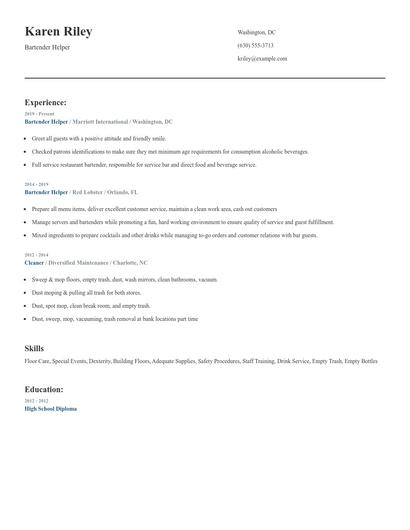 Bartender Helper Resume