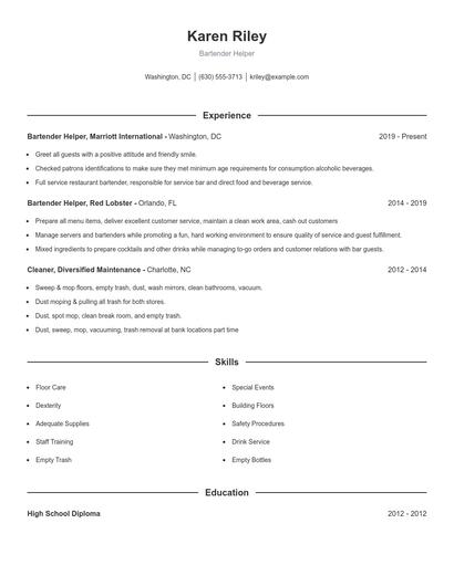 Bartender Helper Resume
