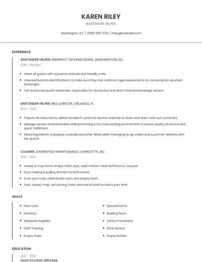 Bartender Helper Resume
