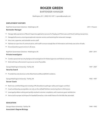 Bartender Manager Resume