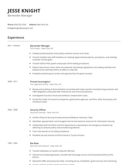 Bartender Manager Resume