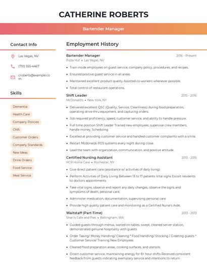 Bartender Manager Resume