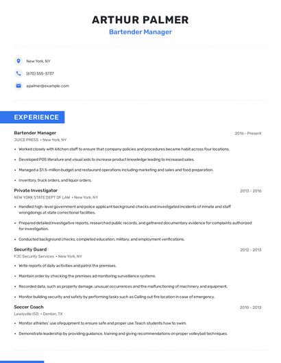 Bartender Manager Resume
