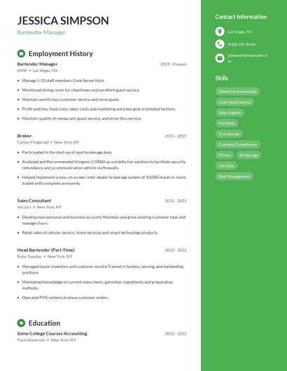 Bartender Manager Resume