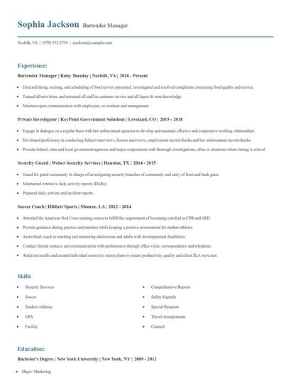 Bartender Manager Resume