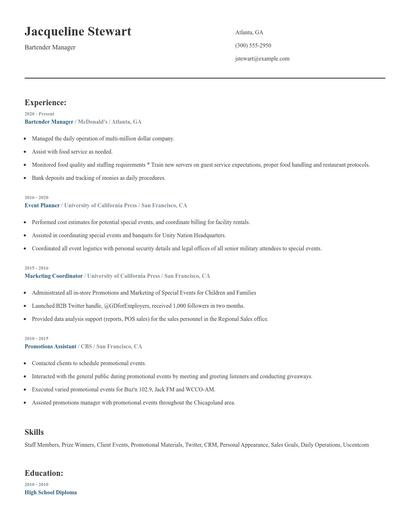 Bartender Manager Resume