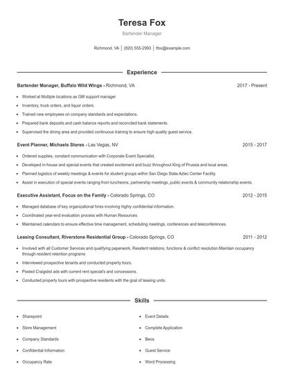 Bartender Manager Resume