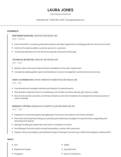 Bartender Manager Resume