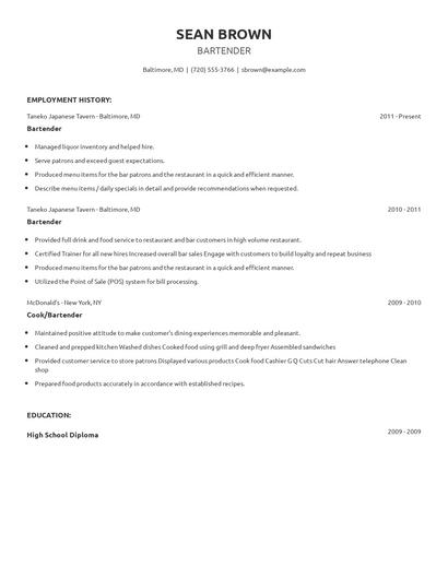 Bartender Resume