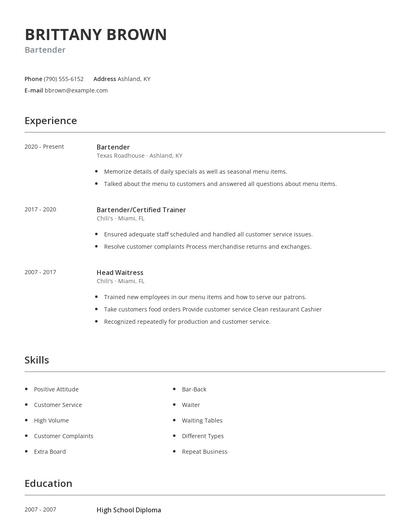 Bartender Resume