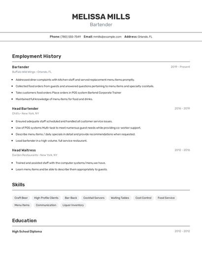 Bartender Resume