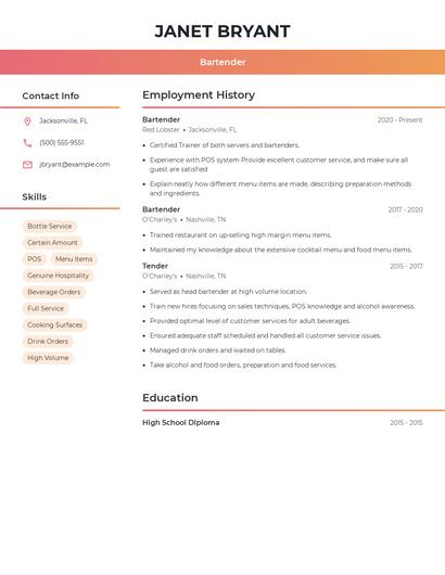 Bartender Resume