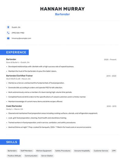 Bartender Resume