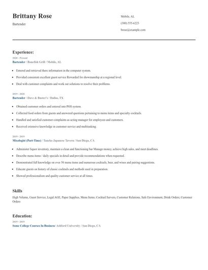 Bartender Resume