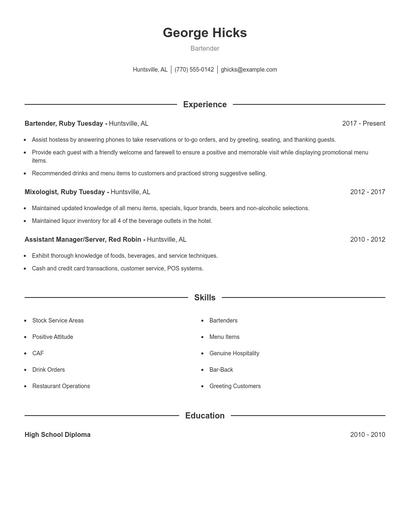 Bartender Resume