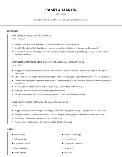 Bartender Resume