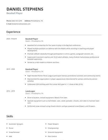 Baseball Player Resume
