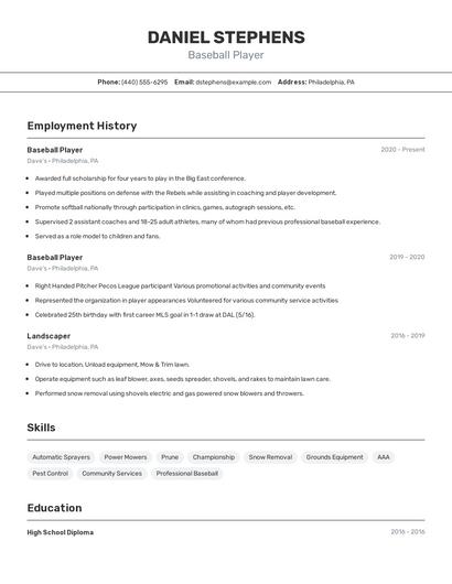 Baseball Player Resume
