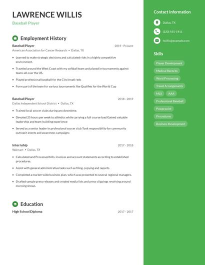 Baseball Player Resume