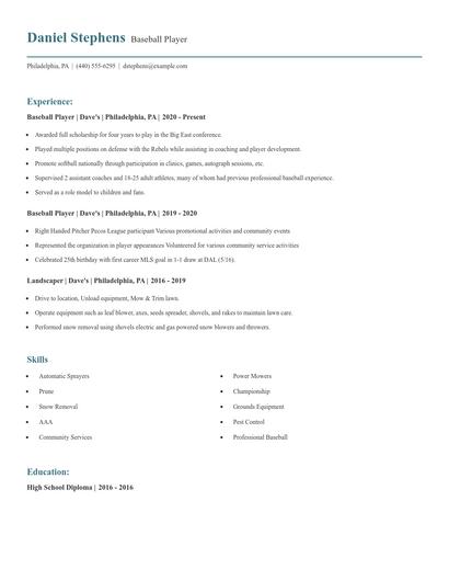 Baseball Player Resume