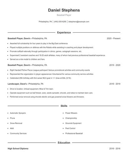Baseball Player Resume