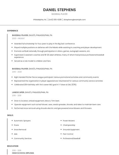 Baseball Player Resume