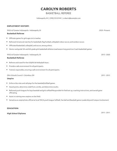 Basketball Referee Resume