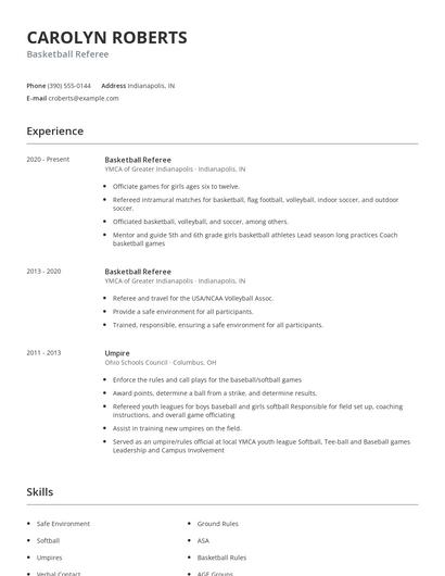Basketball Referee Resume