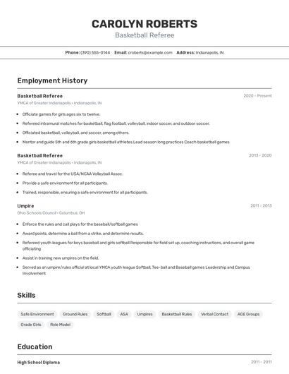 Basketball Referee Resume