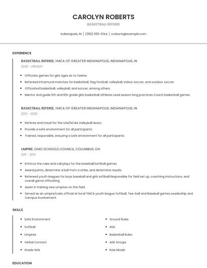 Basketball Referee Resume