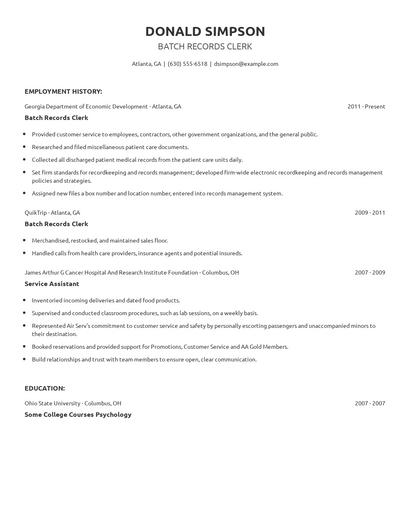 Batch Records Clerk Resume