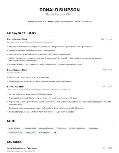Batch Records Clerk Resume