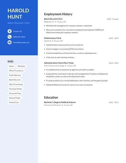 Batch Records Clerk Resume